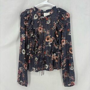 NEW Lost + Wander Navy Floral Ruffle Long Sleeve Blouse Size Medium NWT $105